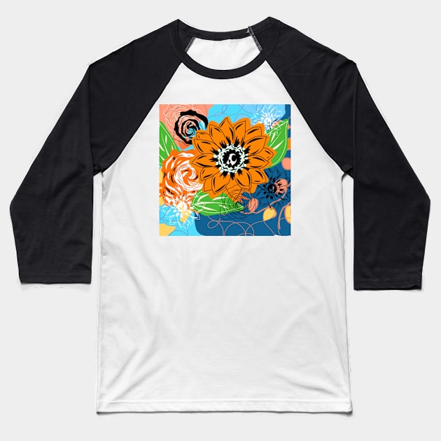 Cheerful All Over Bright Orange Flower Print Baseball T-Shirt by faiiryliite